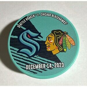 Seattle Kraken Limited Edition NHL Puck vs Chicago Blackhawks 12/14/2023 Teal